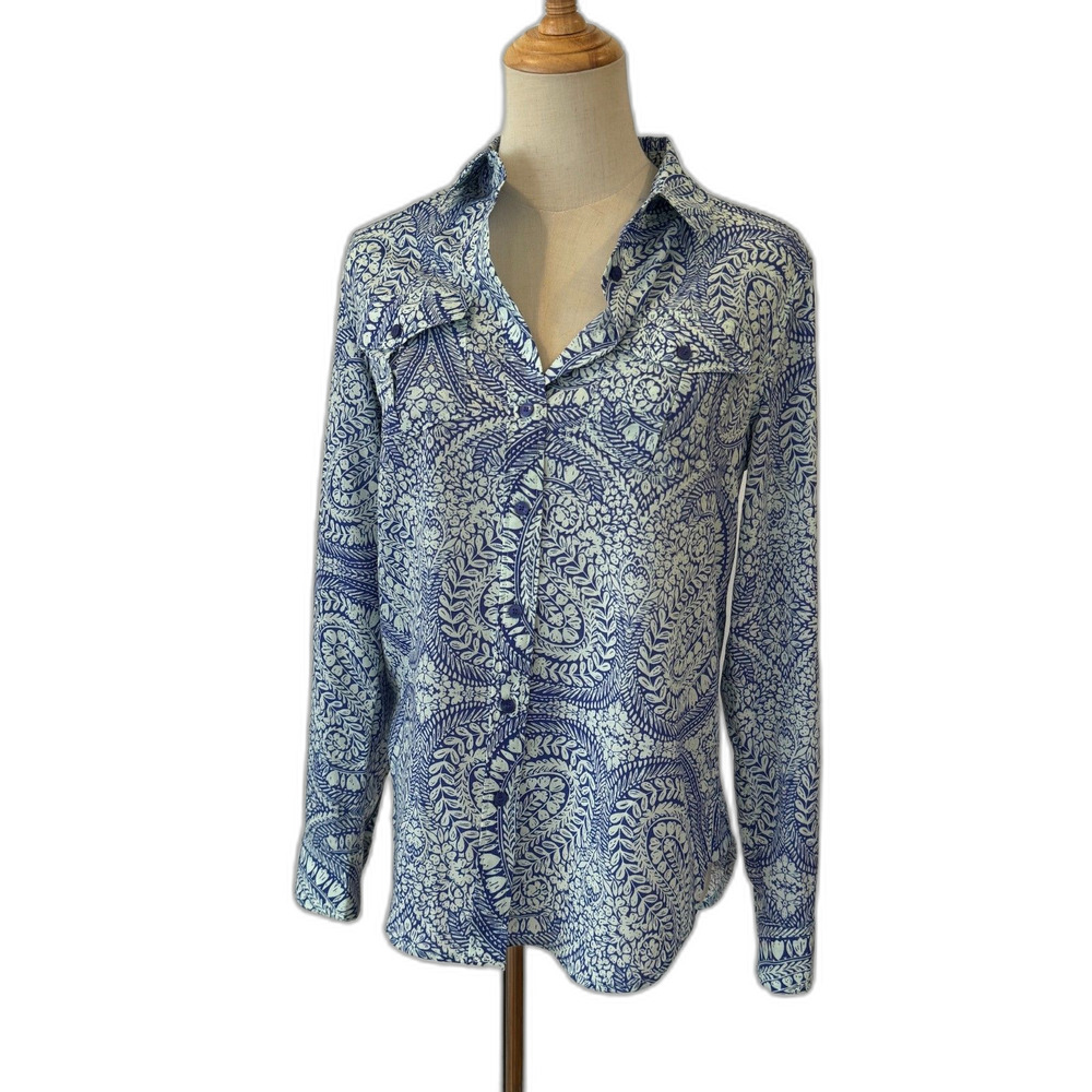Talbots Blue Paisley Two Pockets Button Front Blouse Long Sleeves Small